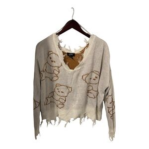 Just Polly New York Cropped Distressed Sweater Cream and Brown Women’s Size L